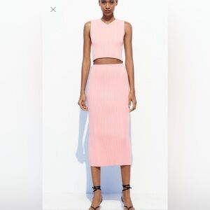 Zara Knit Ribbed Pink Midi Skirt Sz M